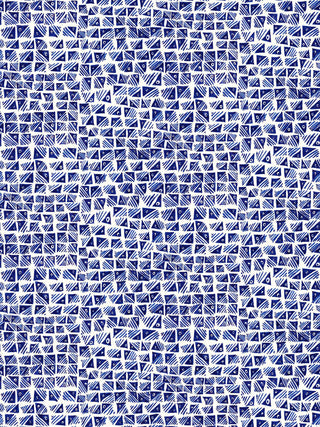 A contemporary design hatched from West African adire fabrics, this indigo blue wallpaper with a small pattern repeat utilises geometric shapes and stripes