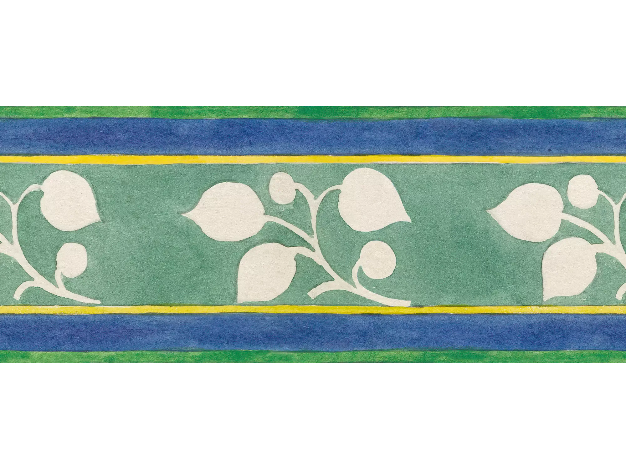 Striped green blue and yellow flowered wallpaper border from 1918 by Arts & Crafts artist CFA Voysey