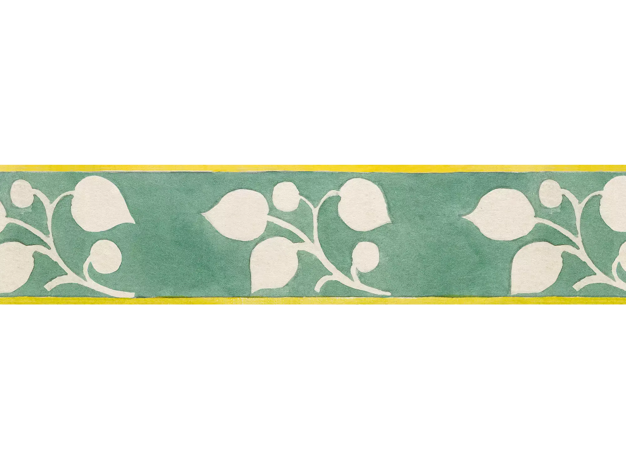 Striped green and yellow flowered wallpaper border from 1918 by Arts & Crafts artist CFA Voysey