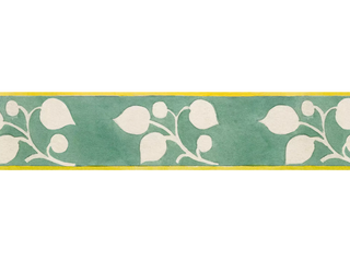 Striped green and yellow flowered wallpaper border from 1918 by Arts & Crafts artist CFA Voysey