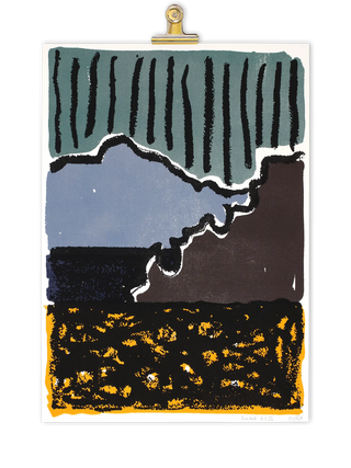 A six-colour screen print inspired by Derek Jarman, depicting a cliffside seascape in Sardinia
