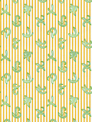 A quirky and eccentric wallpaper by artist Ferris featuring yellow stripes and green cucumber motifs