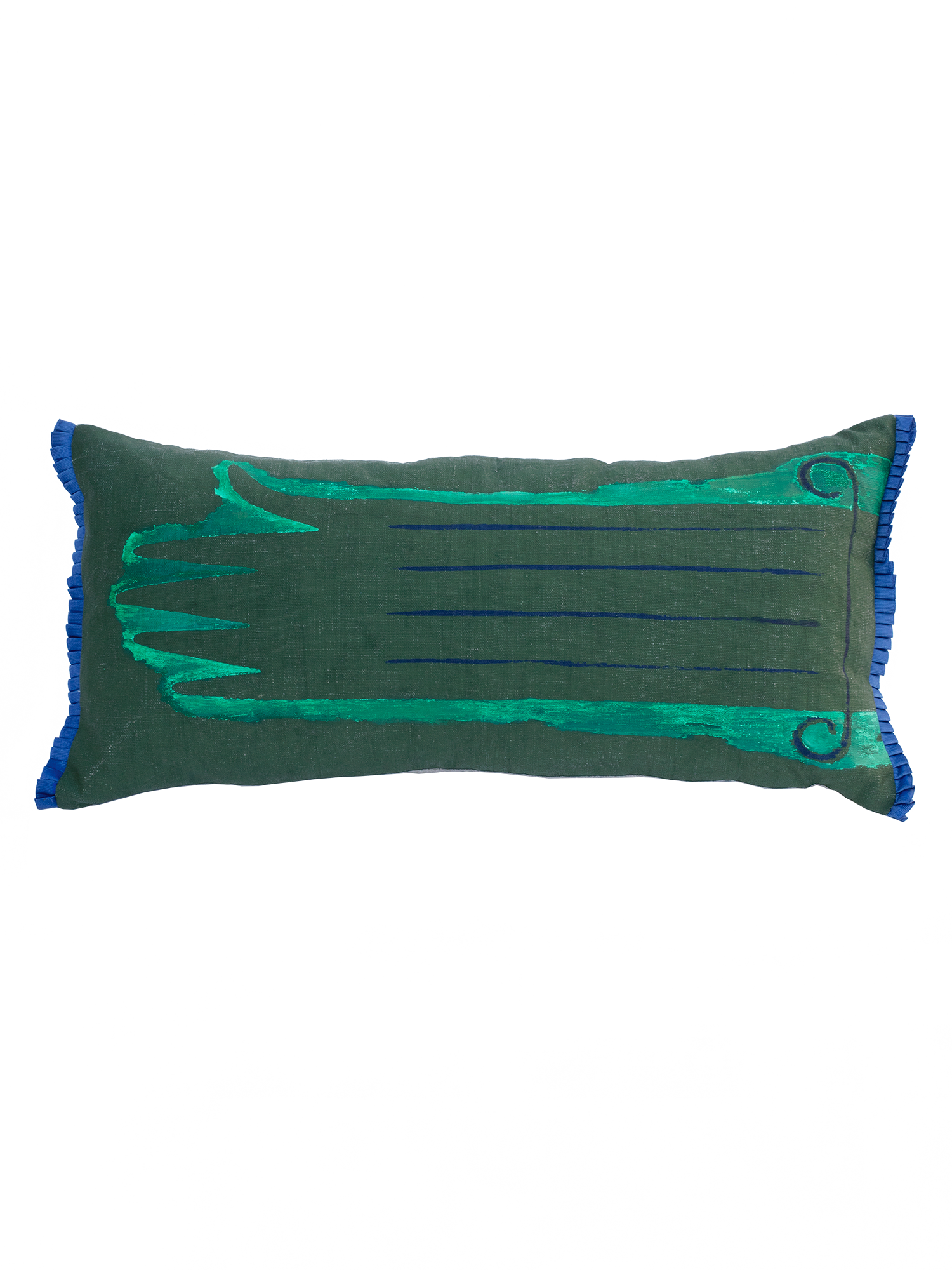 Cushion in green Envy colourway, screenprinted hand shape on linen with duck feather