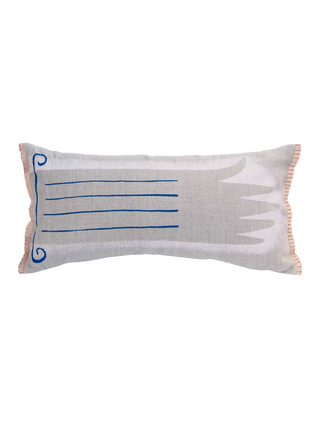 Cushion in Blush colourway, screenprinted hand shape on linen with duck feather