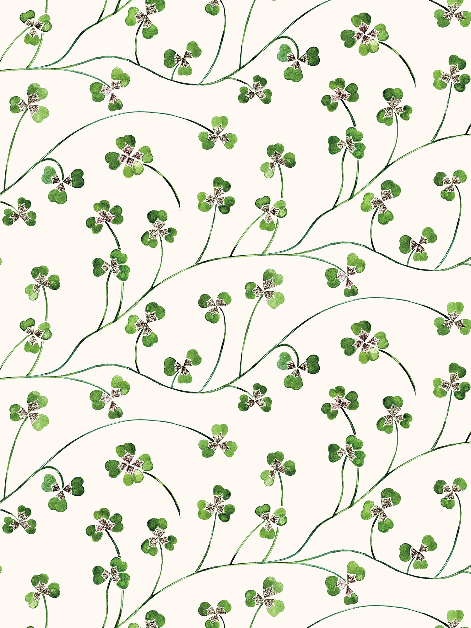A green clover wallpaper on cream background, with flowing abundant stems and jaunty leaves
