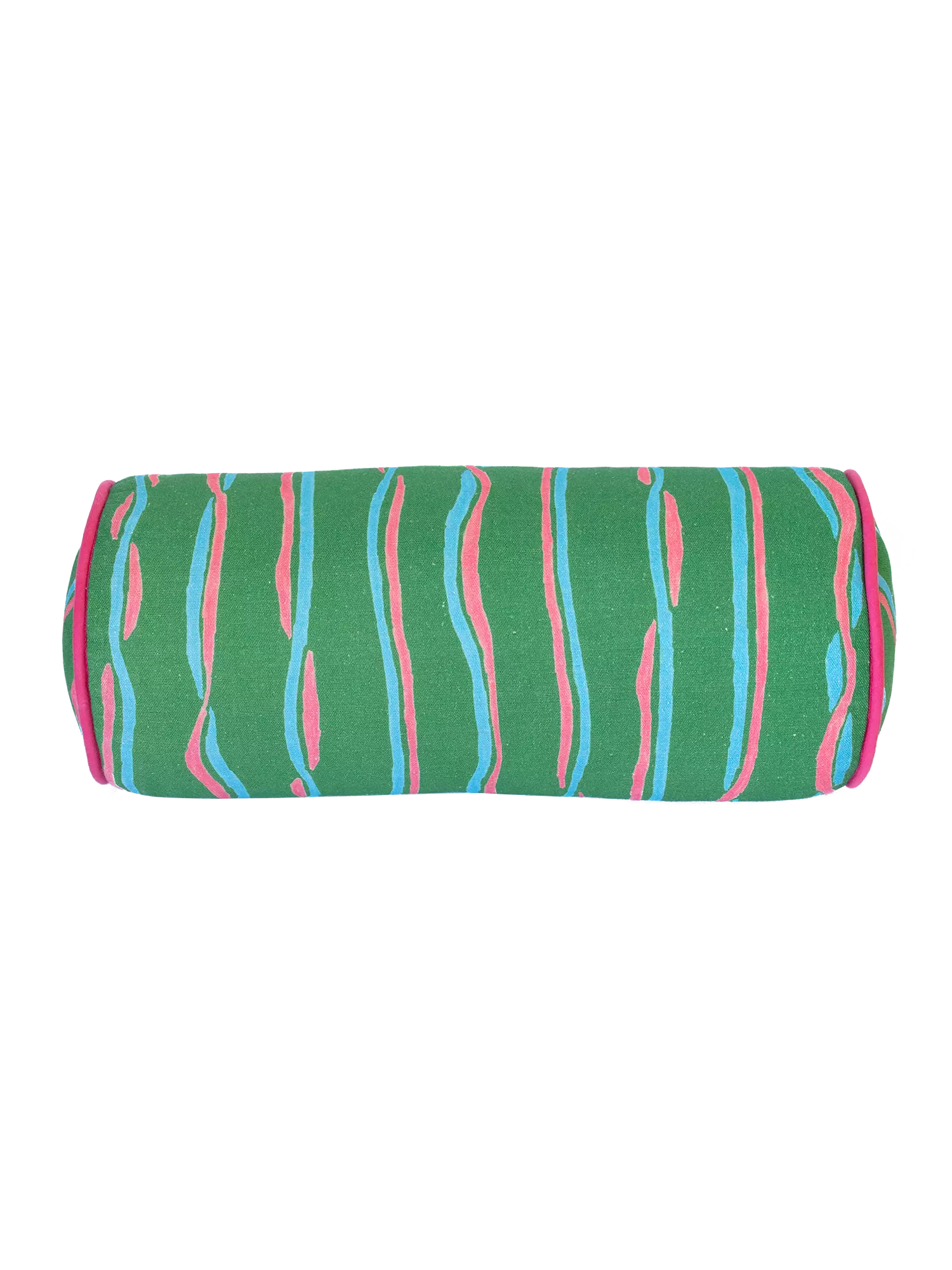 Hand-finished Regency Stripe-inspired bolster by artist Susie Green. Linen fabric with a high-quality feather inner, pink and blue stripes on green
