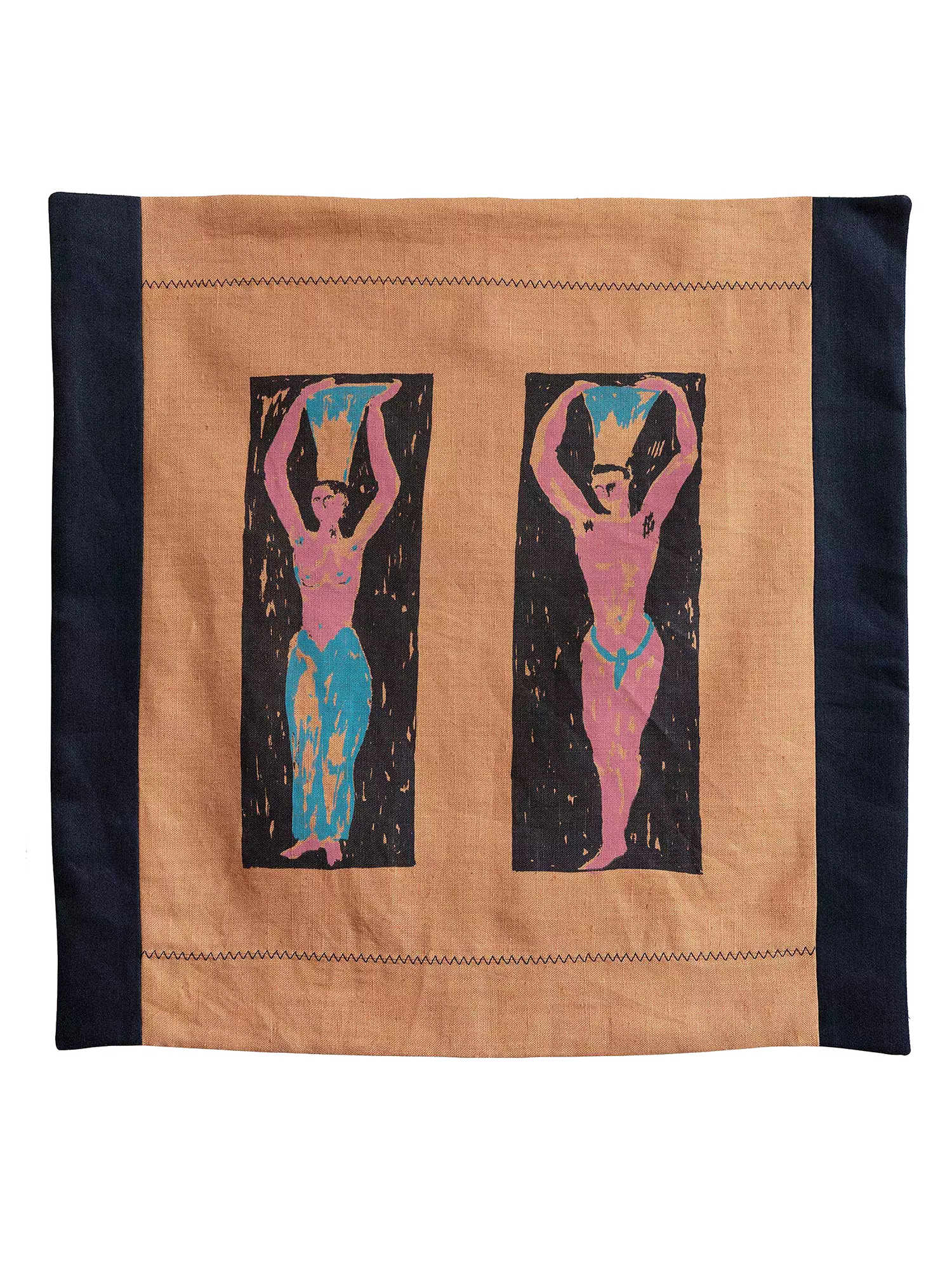 Hand screenprinted square wallhanging featuring abstract Greek-inspired figures holding pots on their heads on a brown and black background