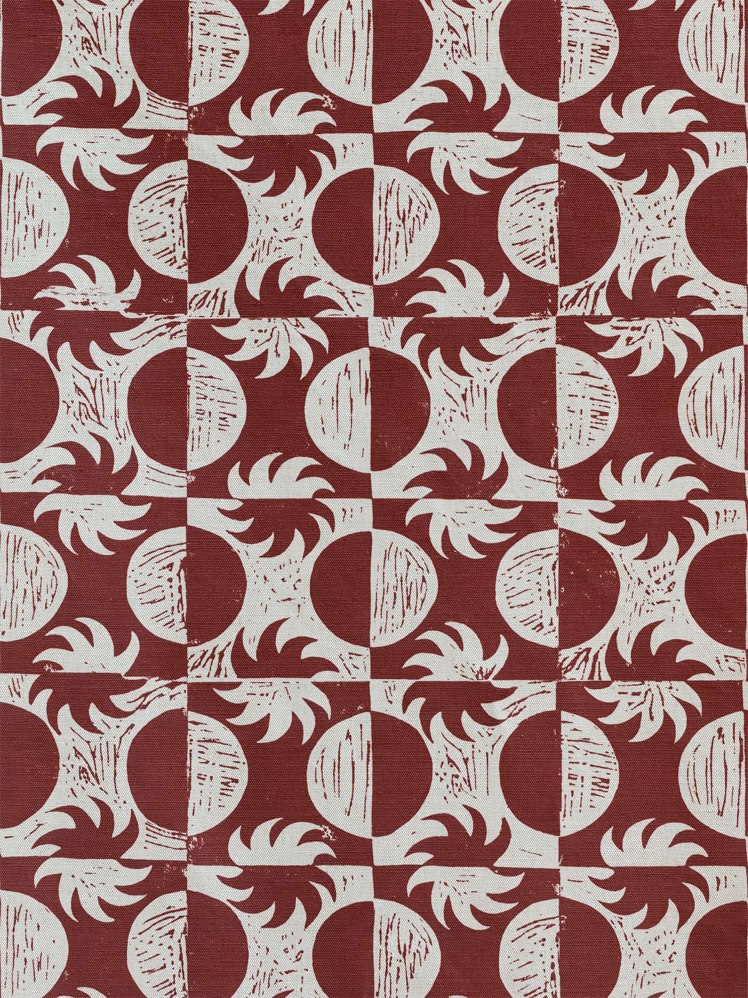 Red and white sun and moon print linen fabric Solstice, by contemporary artist Zoe Gibson