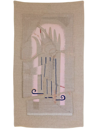 A pink and grey embroidered wallhanging made from a cushion cover second depicting a broken hand sewed back together