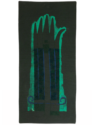  A green embroidered wallhanging made from a cushion cover second depicting a broken hand sewed back together