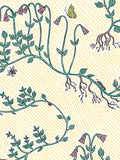 Floral wallpaper on yellow striped background, illustrated by artist Fee Greening, featuring green stems, pink flowers, butterflies and bees