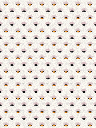 Magical realism pop-art wallpaper in pink colourway, with anthropomorphic flowers like winking eyes