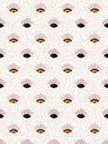 Magical realism pop-art wallpaper in pink colourway, with anthropomorphic flowers like winking eyes