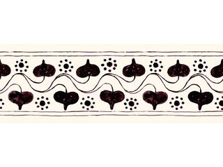 A wallpaper border depicting ivy leaves and wavy lines, originally hand-painted on cream using wine-coloured ink