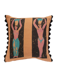 Hand screenprinted square cushion featuring abstract pink and blue nude figures holding pots on their heads, on a brown and black background