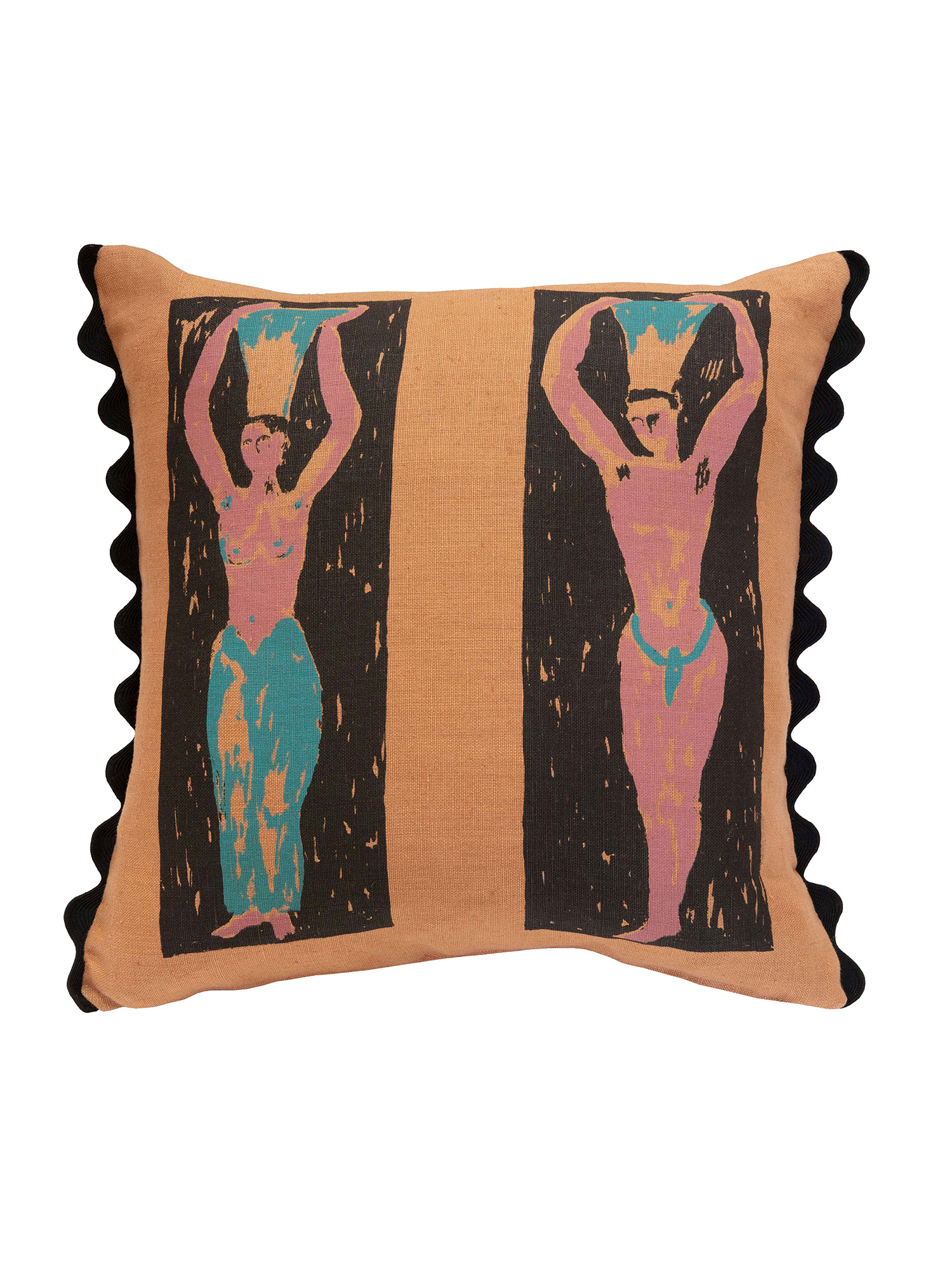 Hand screenprinted square cushion featuring abstract pink and blue nude figures holding pots on their heads, on a brown and black background