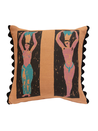 Hand screenprinted square cushion featuring abstract pink and blue nude figures holding pots on their heads, on a brown and black background
