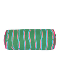 Hand-finished Regency Stripe-inspired bolster by artist Susie Green. Linen fabric with a high-quality feather inner, pink and blue stripes on green