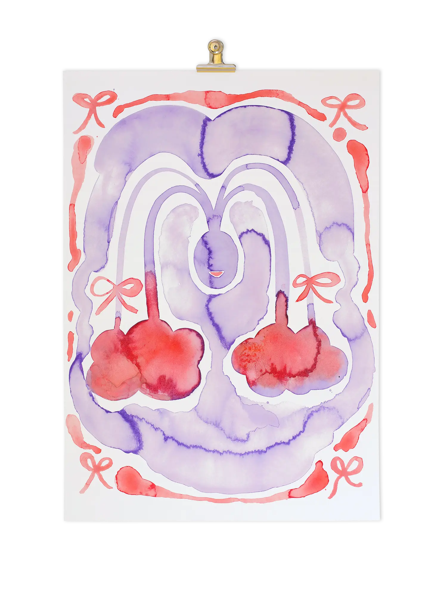 This Giclée print artwork explores the idea of landscape in its widest form: the landscape of the body. It is a celebration of feminine power, cycles of nature and eroticism in the everyday. Red, pink and purple watercolours with bows.