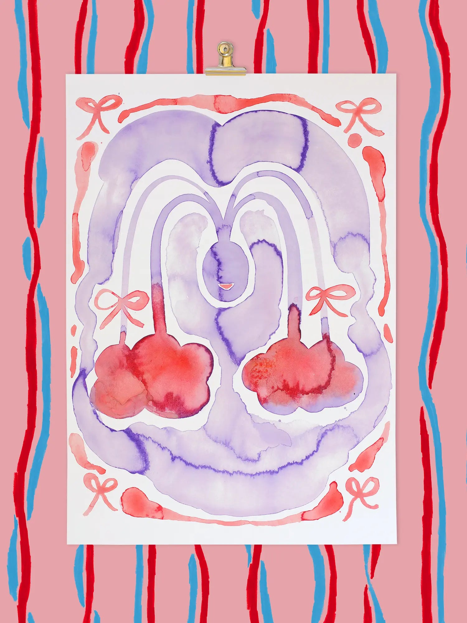 This Giclée print artwork explores the idea of landscape in its widest form: the landscape of the body. It is a celebration of feminine power, cycles of nature and eroticism in the everyday. Red, pink and purple watercolours with bows.