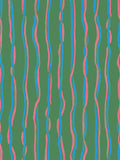 Green wallpaper with vertical ribbon stripes in blue and pink