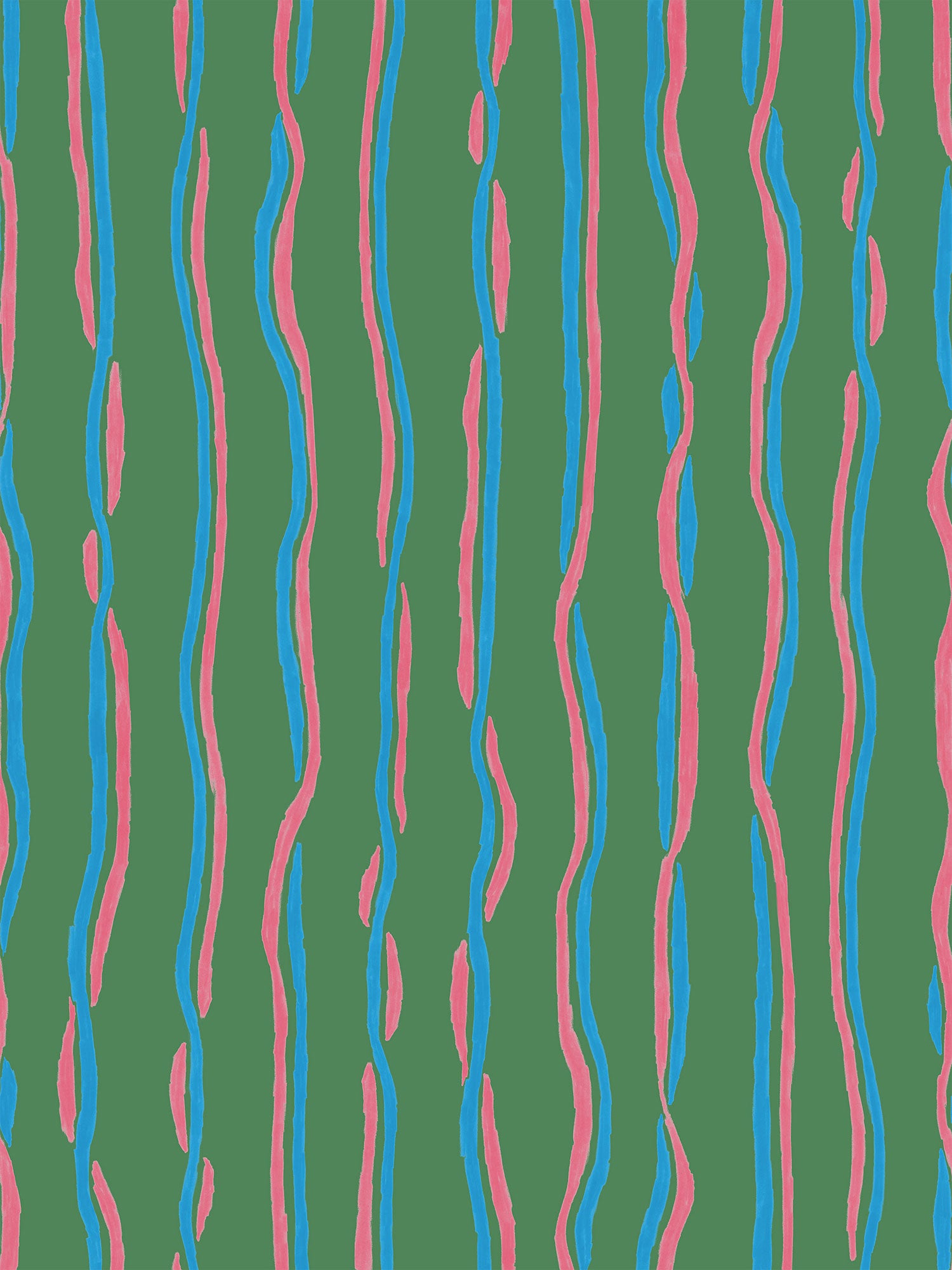 Green wallpaper with vertical ribbon stripes in blue and pink