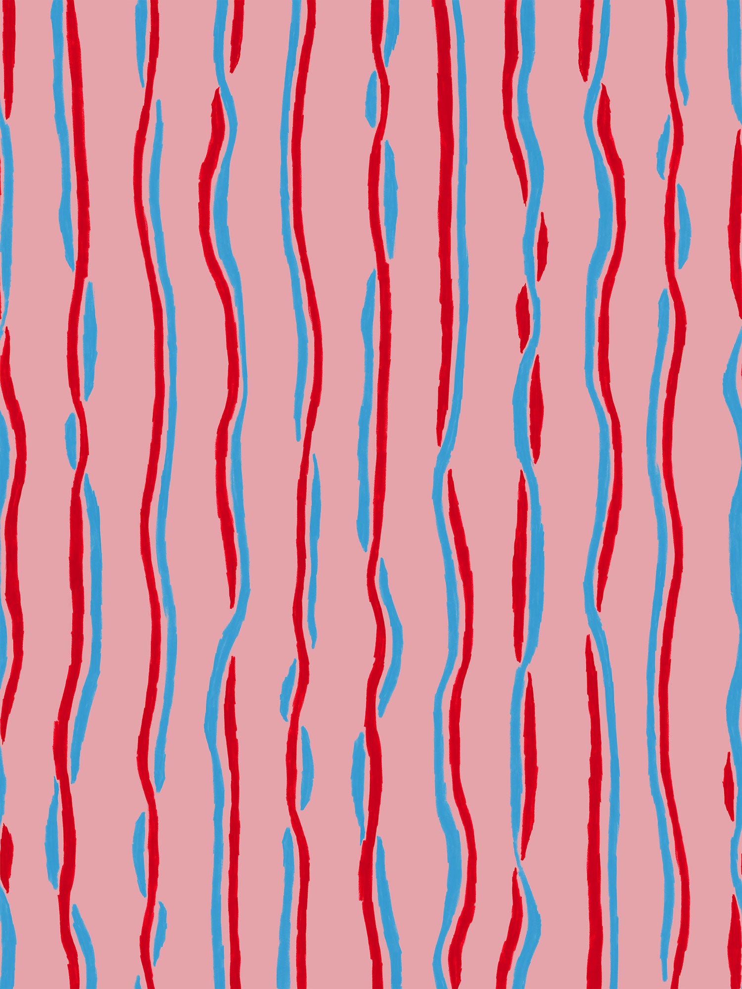 Pink wallpaper with vertical ribbons stripes in blue and red