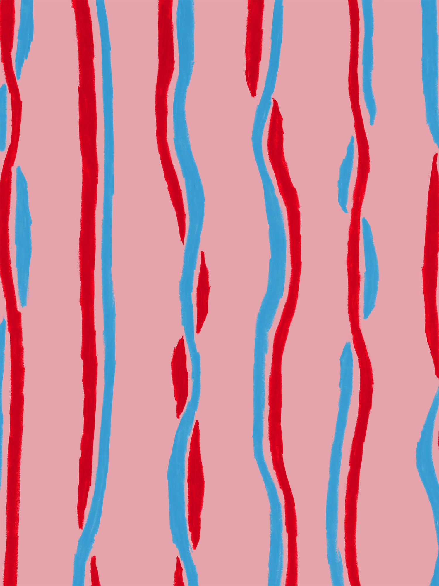 Pink wallpaper with vertical ribbons stripes in blue and red