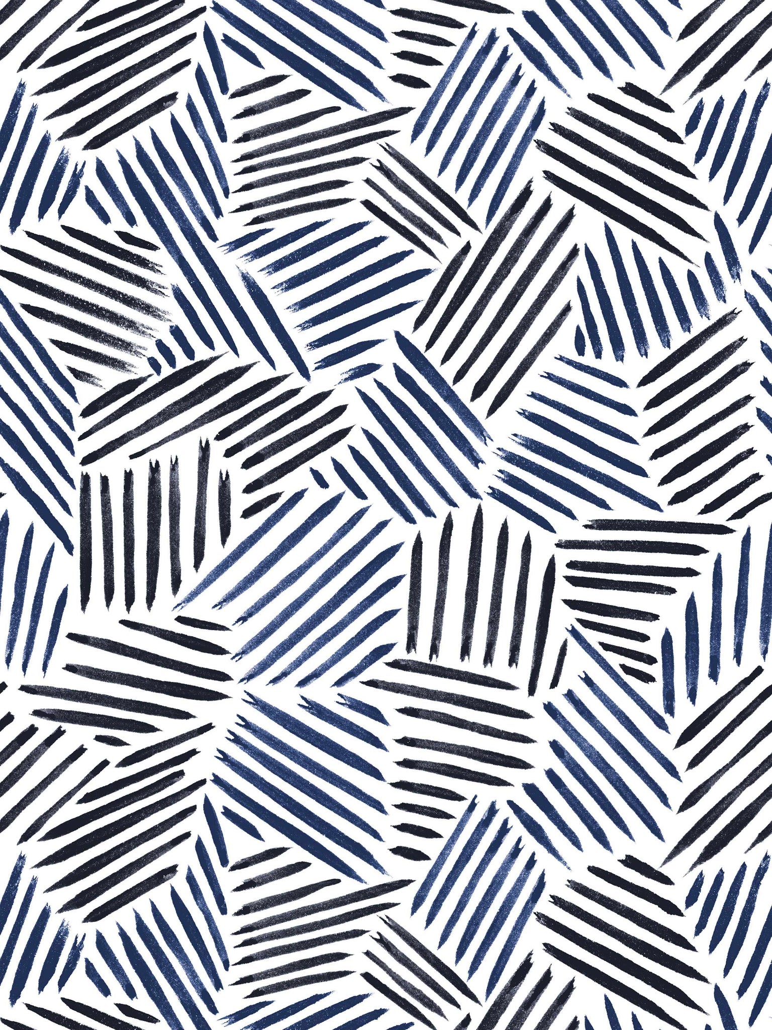 This wallpaper, inspired by New York artist Jasper Johns and the Bloomsbury Group, combines repeating black and navy blue brushstrokes to create a modern, abstract striped design