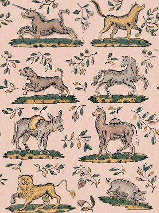 This domino paper in a dusky pink colourway features exotic and earthly animals - elephants, lions, horses, and dogs - with added magic in the form of a unicorn