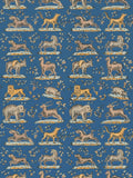 This domino paper in a Prussian blue colourway features exotic and earthly animals - elephants, lions, horses, and dogs - with added magic in the form of a unicorn