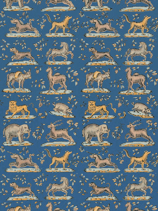 This domino paper in a Prussian blue colourway features exotic and earthly animals - elephants, lions, horses, and dogs - with added magic in the form of a unicorn