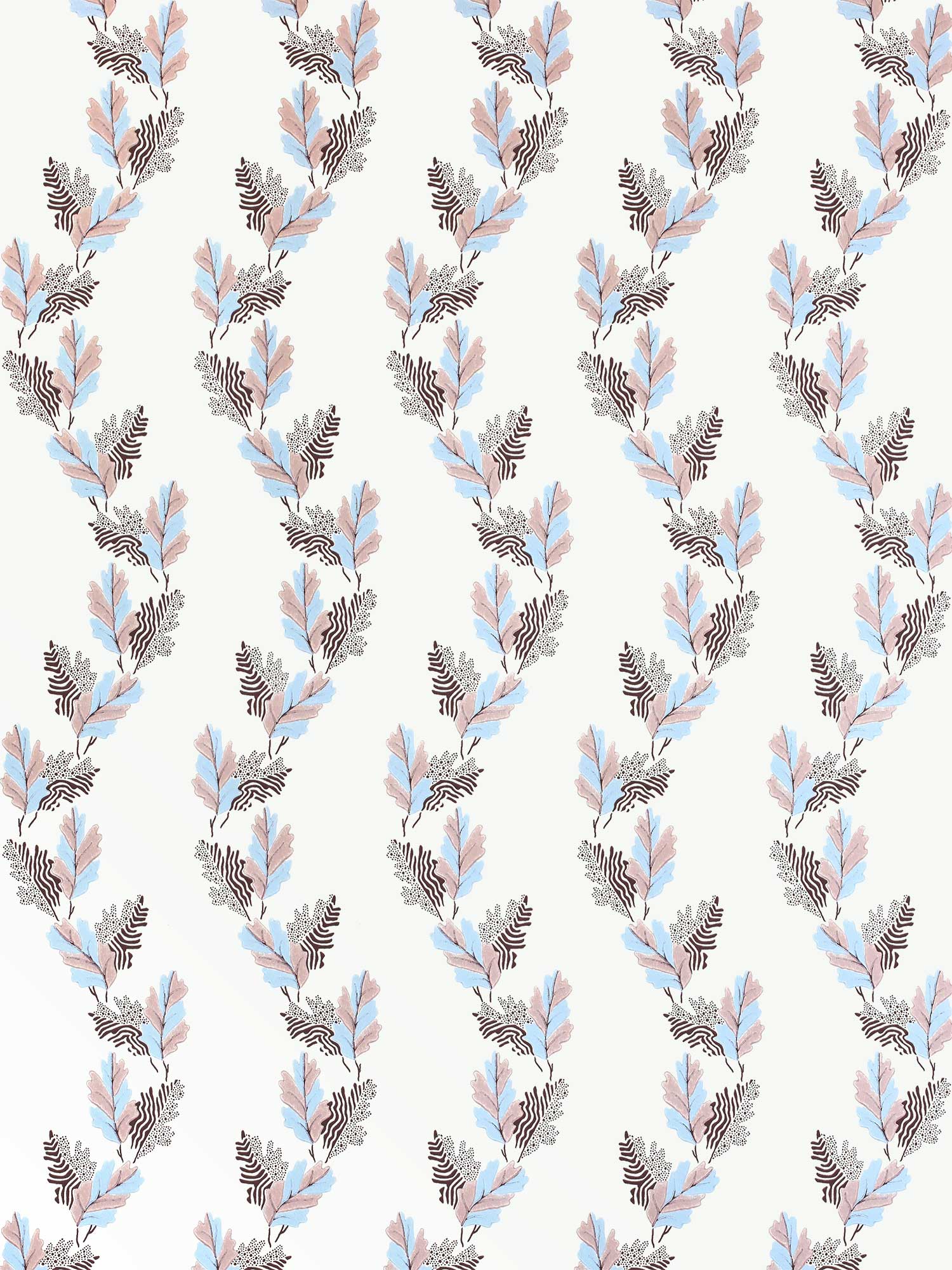 An archival design dating back to 1800, this wavy wallpaper displays falling oak leaves in pink and blue
